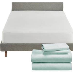 imageCalifornia Design Den 5 Piece Full Size Sheet Set Seafoam and Waterproof Mattress Protector White Bundle  Soft 100 Cotton Sateen 4 Piece Sheet Set with 1 Mattress Protector