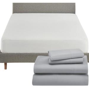 imageCalifornia Design Den 5 Piece Queen Size Sheet Set Light Grey and Waterproof Mattress Protector White Bundle  1000 Thread Count 100 Cotton Sateen 4 Piece Sheet Set with 1 Mattress Protector