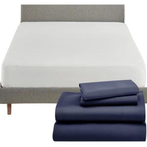 imageCalifornia Design Den 5 Piece Queen Size Sheet Set Navy Blue and Waterproof Mattress Protector White Bundle  1000 Thread Count 100 Cotton Sateen 4 Piece Sheet Set with 1 Mattress Protector