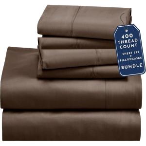 imageCalifornia Design Den 6 Piece Full Size Sheet Set with 4 Pillowcases 400 Thread Count 100 Cotton Sateen Warm Chocolate Brown