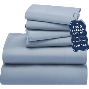 imageCalifornia Design Den 6 Piece King Size Sheet Set with 4 Pillowcases  1000 Thread Count 100 Cotton Sateen Blue