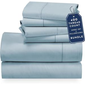 imageCalifornia Design Den 6 Piece King Size Sheet Set with 4 Pillowcases 400 Thread Count 100 Cotton Sateen Sky Blue