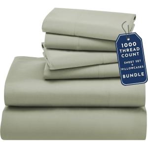 imageCalifornia Design Den 6 Piece Queen Size Sheet Set with 4 Pillowcases  1000 Thread Count 100 Cotton Sateen Sage Green
