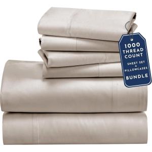 imageCalifornia Design Den 6 Piece Queen Size Sheet Set with 4 Pillowcases  1000 Thread Count 100 Cotton Sateen Sand Beige
