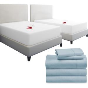 imageCalifornia Design Den 7 Piece Split King Size Sheet Set Sky Blue and Waterproof Mattress Protector White Bundle  400 Thread Count 100 Cotton Sateen 5 Piece Sheet Set with 1 Mattress Protector