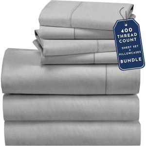 imageCalifornia Design Den 7 Piece Split King Size Sheet Set with 4 Pillowcases 400 Thread Count 100 Cotton Sateen Light Grey