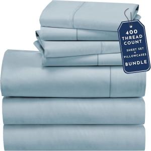 imageCalifornia Design Den 7 Piece Split King Size Sheet Set with 4 Pillowcases 400 Thread Count 100 Cotton Sateen Sky Blue