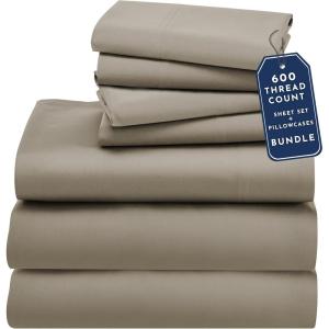 imageCalifornia Design Den 7 Piece Split King Size Sheet Set with 4 Pillowcases 600 Thread Count 100 Cotton Sateen Cool Taupe