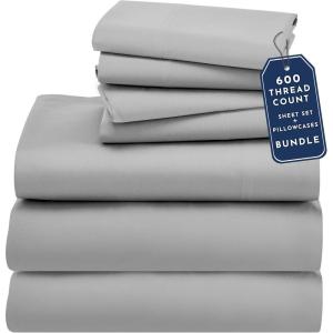 imageCalifornia Design Den 7 Piece Split King Size Sheet Set with 4 Pillowcases 600 Thread Count 100 Cotton Sateen Light Grey