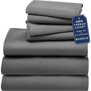 imageCalifornia Design Den 7 Piece Split King Size Sheet Set with 4 Pillowcases 600 Thread Count 100 Cotton Sateen Mist Grey