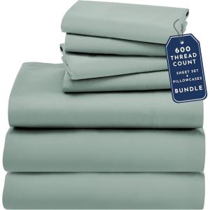 imageCalifornia Design Den 7 Piece Split King Size Sheet Set with 4 Pillowcases 600 Thread Count 100 Cotton Sateen Sage Green  Cool Tone