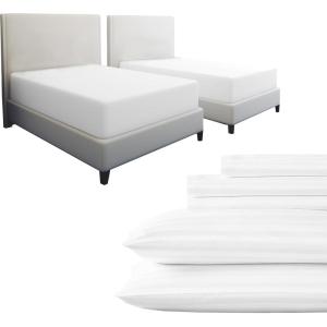 imageCalifornia Design Den 7 Piece Split King Size Striped Sheet Set and Waterproof Mattress Protector Bundle  500 Thread Count 100 Cotton Sateen 5 Piece Sheet Set with 2 Mattress Protectors White