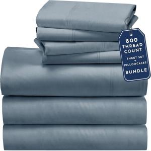 imageCalifornia Design Den Bedding Bundle  Split King Sheet Set with 4 Pillowcases 800 Thread Count 100 Cotton Sateen Blue