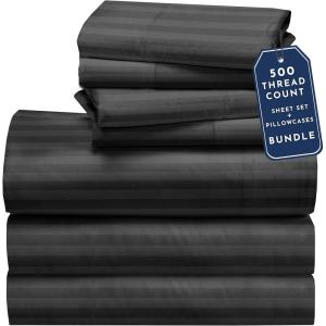 imageCalifornia Design Den Bedding Bundle  Split King Striped Sheet Set with 3 Pillowcases 500 Thread Count 100 Cotton Sateen Grey Striped