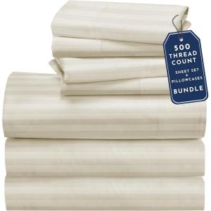 imageCalifornia Design Den Bedding Bundle  Split King Striped Sheet Set with 3 Pillowcases 500 Thread Count 100 Cotton Sateen Ivory Striped