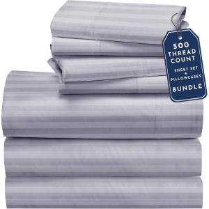 imageCalifornia Design Den Bedding Bundle  Split King Striped Sheet Set with 3 Pillowcases 500 Thread Count 100 Cotton Sateen Lavender Striped