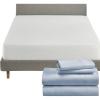 image5 Piece California King Size Sheet Set Blue and Waterproof Mattress Protector White Bundle  600 Thread Count 100 Cotton Sateen 4 Piece Sheet Set with 1 Mattress Protector