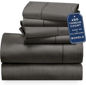 image6 Piece Queen Size Sheet Set with 4 Pillowcases 400 Thread Count 100 Cotton Sateen Grey