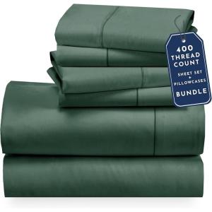 image6 Piece Queen Size Sheet Set with 4 Pillowcases 400 Thread Count 100 Cotton Sateen Hunter Green