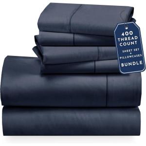 image6 Piece Queen Size Sheet Set with 4 Pillowcases 400 Thread Count 100 Cotton Sateen Indigo Dusty Blue