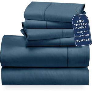 imageCalifornia Design Den 6 Piece Queen Size Sheet Set with 4 Pillowcases 400 Thread Count 100 Cotton Sateen Peacock Blue