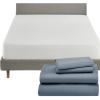 image5 Piece California King Size Sheet Set Pastel Blue and Waterproof Mattress Protector White Bundle  600 Thread Count 100 Cotton Sateen 4 Piece Sheet Set with 1 Mattress Protector