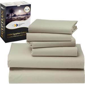 image100 Egyptian Cotton Percale Bundle  6 Piece California King Size Sheet Set with 4 Pillowcases  Beige