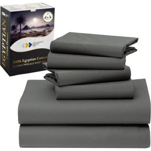 image100 Egyptian Cotton Percale Bundle  6 Piece California King Size Sheet Set with 4 Pillowcases  Grey