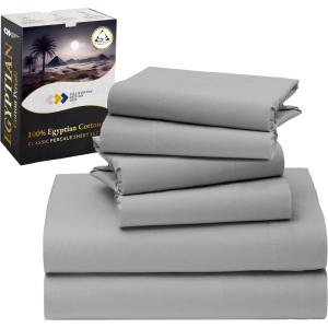 image100 Egyptian Cotton Percale Bundle  6 Piece California King Size Sheet Set with 4 Pillowcases  Light Grey