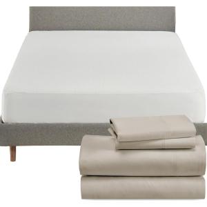 image5 Piece Bedding Bundle  4 Piece Beige Sheet Set 800 Thread Count 100 Cotton Sateen with 1 White Mattress Protector  California King