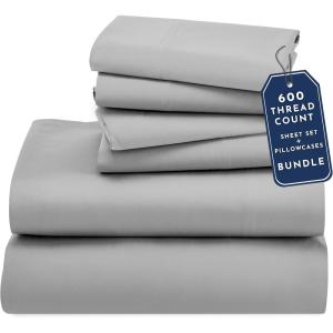 image6 Piece California King Size Sheet Set with 4 Pillowcases 600 Thread Count 100 Cotton Sateen Light Grey