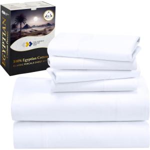 image100 Egyptian Cotton Percale Bundle  6 Piece California King Size Sheet Set with 4 Pillowcases  White