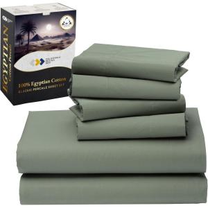 image100 Egyptian Cotton Percale Bundle  6 Piece California King Size Sheet Set with 4 Pillowcases Sage MistGray Tone
