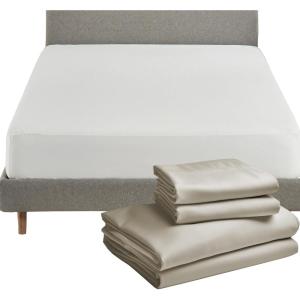 image5 Piece California King Size Sheet Set Beige and Waterproof Mattress Protector Bundle White  100 Egyptian Cotton Sateen 4 Piece Sheet Set with 1 Mattress Protector