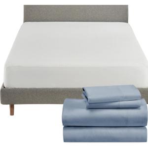 image5 Piece California King Size Sheet Set Blue Hydrangea and Waterproof Mattress Protector White Bundle  100 Organic Cotton Percale 4 Piece Sheet Set with 1 Mattress Protector