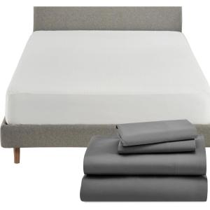 image5 Piece California King Size Sheet Set Mist Grey and Waterproof Mattress Protector White Bundle  600 Thread Count 100 Cotton Sateen 4 Piece Sheet Set with 1 Mattress Protector