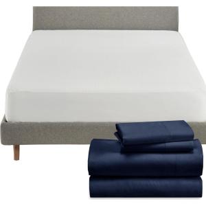 image5 Piece California King Size Sheet Set Navy Blue and Waterproof Mattress Protector White Bundle  Rayon from Bamboo Sateen 4 Piece Sheet Set with 1 Mattress Protector
