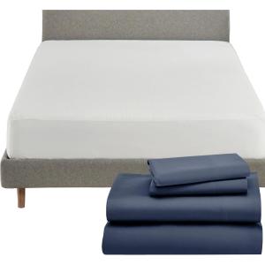 image5 Piece California King Size Sheet Set Royal Navy Blue and Waterproof Mattress Protector White Bundle  600 Thread Count 100 Cotton Sateen 4 Piece Sheet Set with 1 Mattress Protector