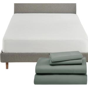 image5 Piece California King Size Sheet Set Sage Green  Cool Tone and Waterproof Mattress Protector White Bundle  600 Thread Count 100 Cotton Sateen 4 Piece Sheet Set with 1 Mattress Protector