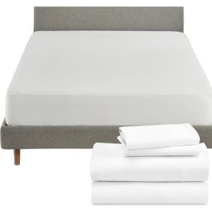image5 Piece California King Size Sheet Set and Waterproof Mattress Protector Bundle  Rayon from Bamboo Sateen 4 Piece Sheet Set with 1 Mattress Protector White