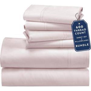 image6 Piece California King Size Sheet Set with 4 Pillowcases 600 Thread Count 100 Cotton Sateen Blush Pink