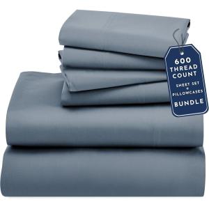 image6 Piece California King Size Sheet Set with 4 Pillowcases 600 Thread Count 100 Cotton Sateen Pastel Blue